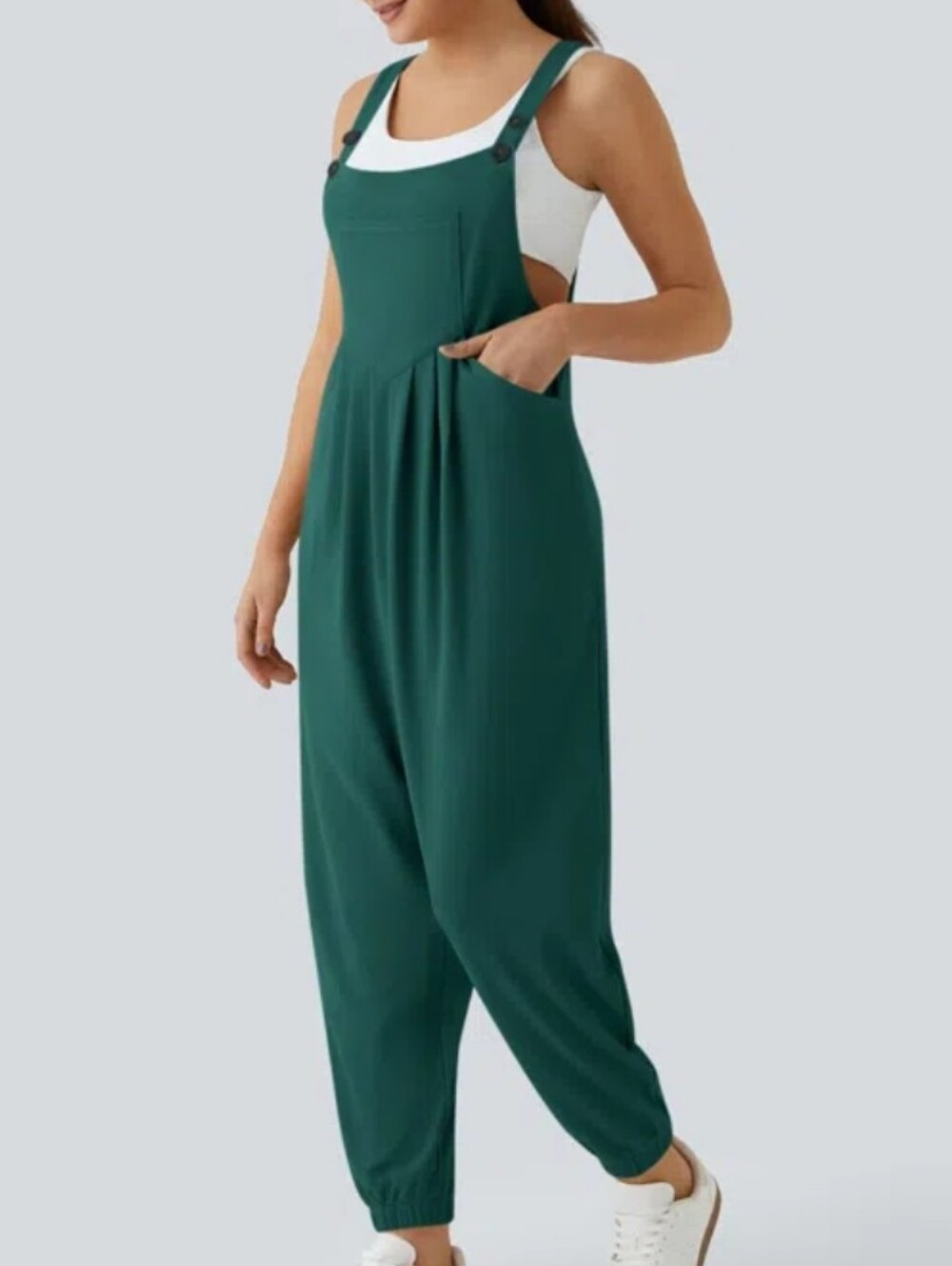 Halara Adjustable Strap Cuffed Waffle Knit Casual Overalls Forest Biome Green M - Picture 14 of 14